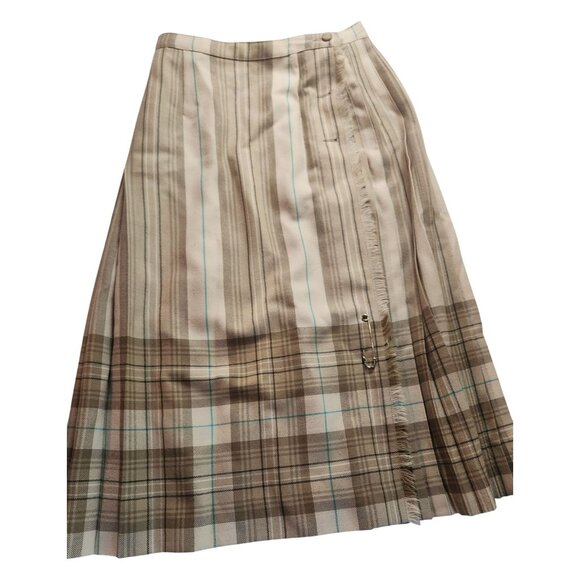 Vtg Pleated Skirt Scottish Al Jean Pure Virgin Wool Beige Plaid light academia - Picture 1 of 7